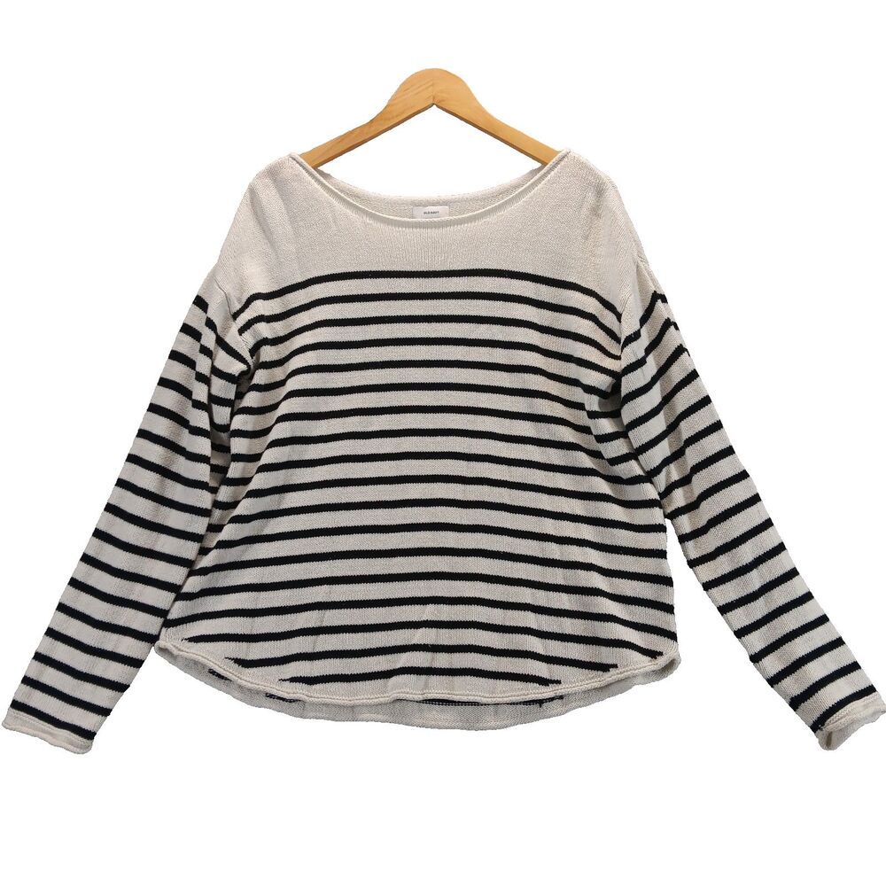 Old Navy Women Sz XL Ivory Black Striped Stretch Knit Boat Neck Pullover Sweater